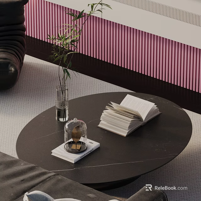 Modern Sofa and Coffee Table Set with Open Book Glass Vase Plant and Glass Cloche Decoration 3d model 
