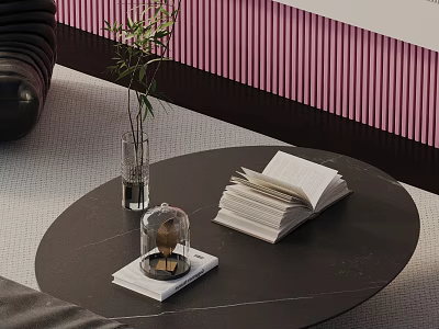 Modern Sofa and Coffee Table Set with Open Book Glass Vase Plant and Glass Cloche Decoration 3d model