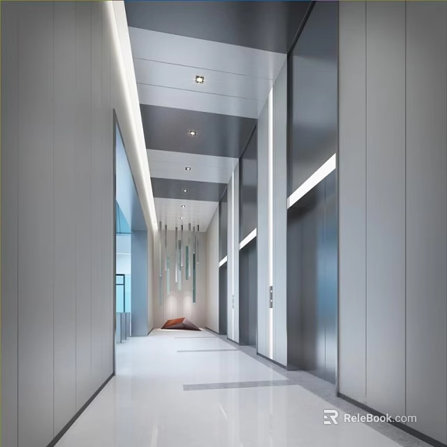 Modern Elevator Hallway With Metal Doors Bright Ceiling Lights And Minimalist Design 3d model 