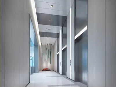 Modern Elevator Hallway With Metal Doors Bright Ceiling Lights And Minimalist Design 3d model