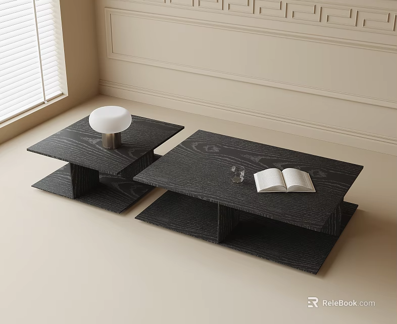 Modern Black Nested Coffee Tables With Open Book And Small Lamp 3d model
