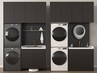Modern Balcony Cabinet Design With Washer Dryer Sink And Storage Space 3d model
