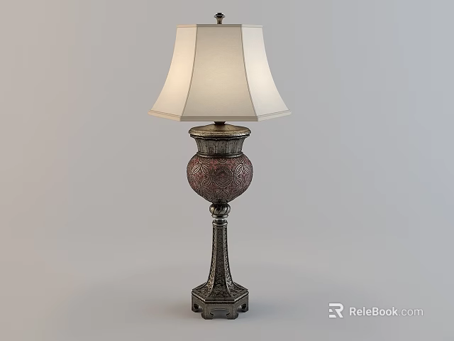 Vintage Table Lamp With White Fabric Shade And Decorative Ornate Base 3d model 