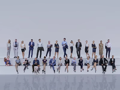 Group of People Standing and Sitting in Various Attire at Team Gathering in Professional Setting 3d model