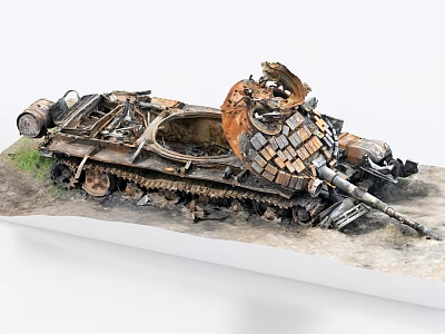 Damaged Rusted Tank Model With Broken Turret Tracks And Grass On Display Base 3d model