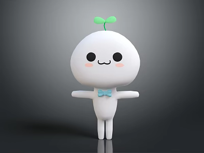Cute White Cartoon Character With Green Seedling On Head And Blue Bow Tie Smiling 3d model