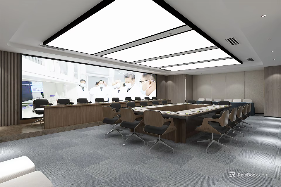 Modern Conference Room Interior With Large Table Chairs Skylight And Projection Screen 3d model