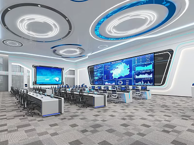 Modern High Tech Control Room Featuring Large Screens Control Desks And Ergonomic Chairs 3d model