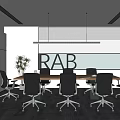 Modern Conference Room Interior With Long Table Black Chairs Hanging Lights And Plant