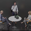 Comfortable Yellow Leisure Chairs With Round Table And Three People Interacting In Modern Lounge
