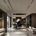 Elegant Modern Open Concept Living And Dining Room With Chandelier Sofa Marble Wall Piano TV