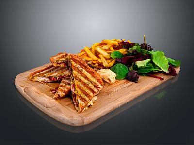 Delicious Grilled Sandwich With Crispy Fries And Fresh Salad On Wooden Board 3d model