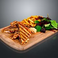 Delicious Grilled Sandwich With Crispy Fries And Fresh Salad On Wooden Board