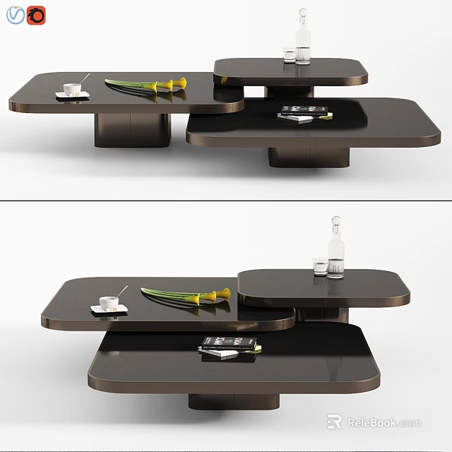 Modern Dining Table With Layered Black Surface Decorative Flowers And Coffee Cup 3d model 