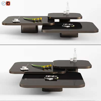 Modern Dining Table With Layered Black Surface Decorative Flowers And Coffee Cup 3d model