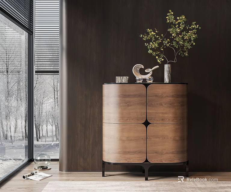 Modern Wooden Console Cabinet With Walnut Finish And Decorative Vase Plant Near Window 3d model 