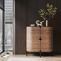 Modern Wooden Console Cabinet With Walnut Finish And Decorative Vase Plant Near Window