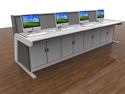 Efficient Office Desk With Four Computer Monitors Keyboards And Cabinet Doors 3d model