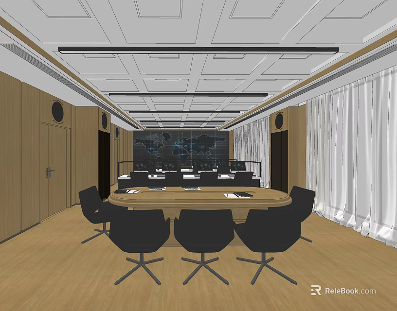 Modern Conference Room With Round Table Black Chairs Wooden Walls White Curtains And Ceiling Lighting 3d model 
