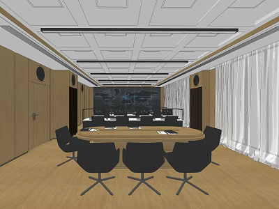 Modern Conference Room With Round Table Black Chairs Wooden Walls White Curtains And Ceiling Lighting 3d model