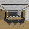 Modern Conference Room With Round Table Black Chairs Wooden Walls White Curtains And Ceiling Lighting