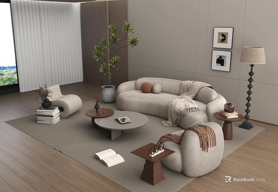 Light Colored Curved Sofa Round Coffee Table Set With Side Tables Floor Lamp Wall Art 3d model 