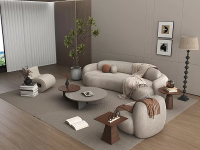 Light Colored Curved Sofa Round Coffee Table Set With Side Tables Floor Lamp Wall Art 3d model