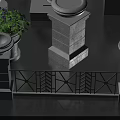 Public Facility Railing With Stone Pillars Decorative Circular Tops And Geometric Metal Patterns