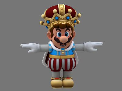 Cartoon King Character With Red Gold Crown Blue Gold Top And Red White Striped Pants 3d model