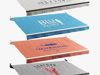 Colorful Sunshade Awnings In Gray Blue Orange With Brand Names Market Themes Seafood Graphics 3d model