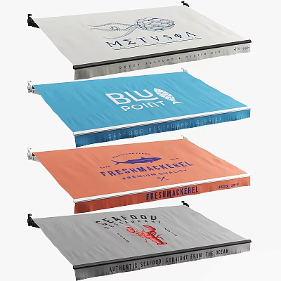 Colorful Sunshade Awnings In Gray Blue Orange With Brand Names Market Themes Seafood Graphics 3d model