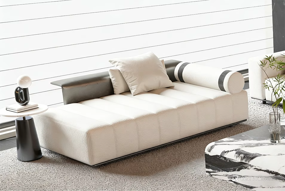 Minimalist Upholstered Chaise Lounge In Beige With Black Armrests And Soft Cushion 3d model 