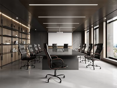 Modern Conference Room Interior Design With Long Table Black Chairs Bookshelves And Windows 3d model