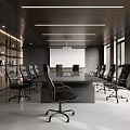 Modern Conference Room Interior Design With Long Table Black Chairs Bookshelves And Windows