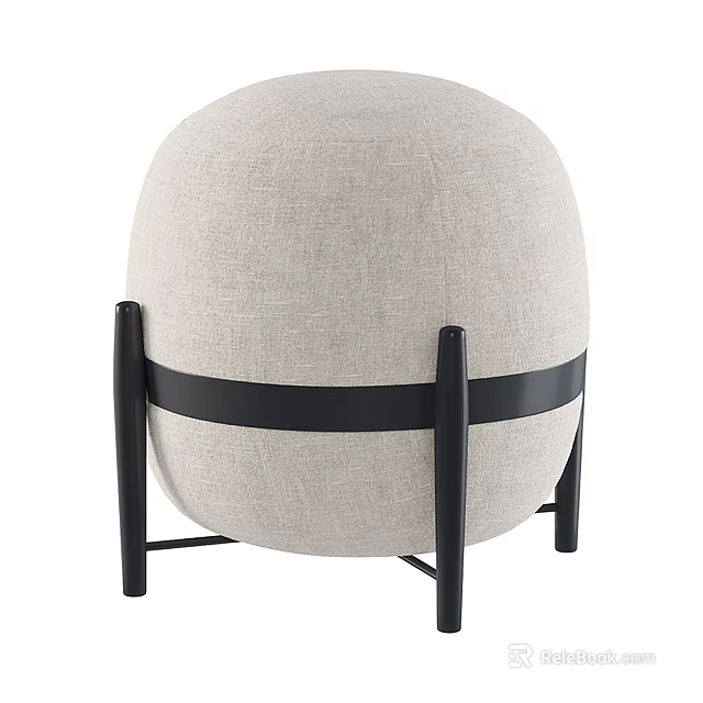 Modern Round Beige Fabric Sofa Stool With Black Metal Frame Design 3d model 
