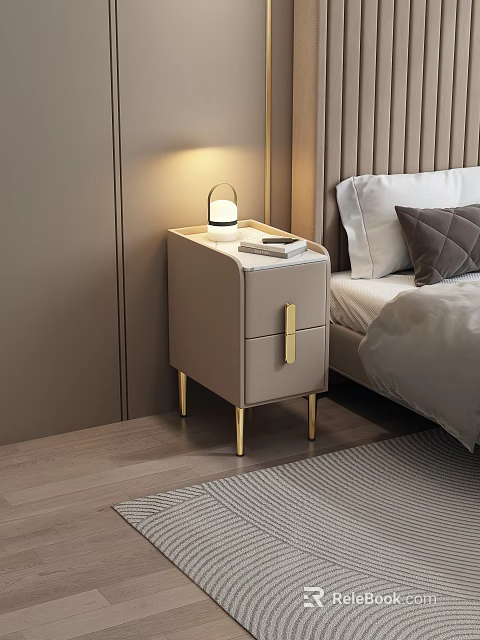 Modern Luxury Beige Leather Nightstand With Gold Legs Drawer Handle And Table Lamp 3d model 