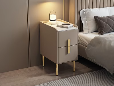 Modern Luxury Beige Leather Nightstand With Gold Legs Drawer Handle And Table Lamp 3d model