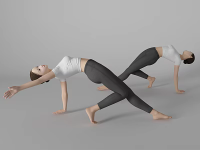 Women Practicing Yoga Stretching Poses In White Tops And Black Leggings On Gray Background 3d model
