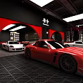 Luxury Sports Car Showroom Displaying Red White Sports Cars Black Red Interior Grid Floor