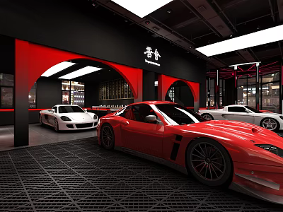 Luxury Sports Car Showroom Displaying Red White Sports Cars Black Red Interior Grid Floor 3d model