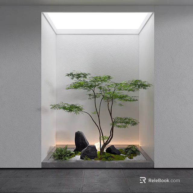 Modern Residential Landscape Design With White Walls Skylight Green Tree Black Rocks And Water Feature 3d model 