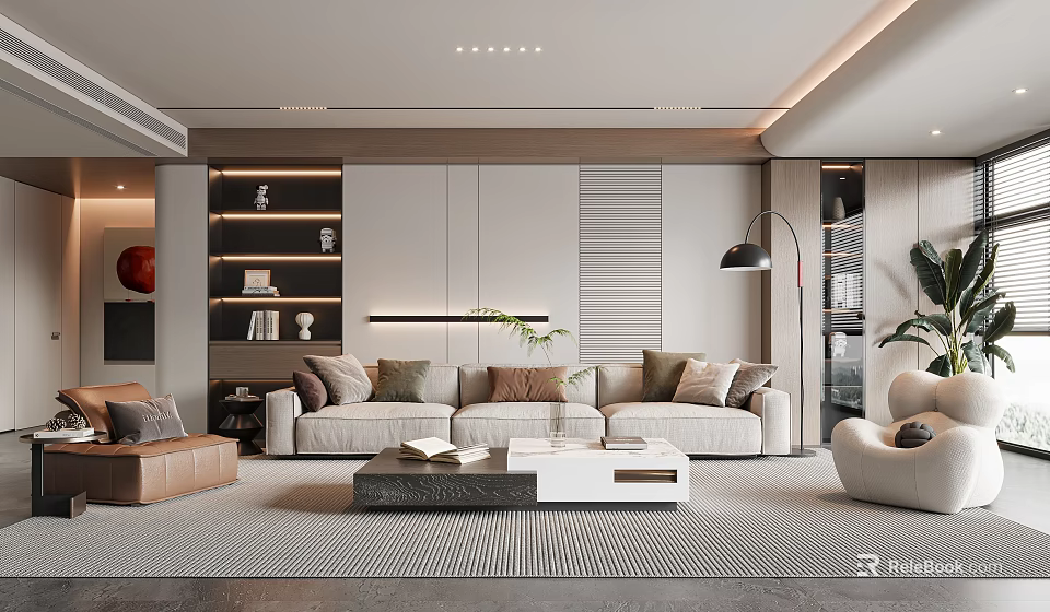 Modern Living Room Interior With Beige Sofa Coffee Table Striped Wall And Decorative Shelves 3d model 