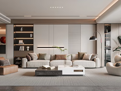 Modern Living Room Interior With Beige Sofa Coffee Table Striped Wall And Decorative Shelves 3d model