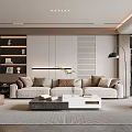 Modern Living Room Interior With Beige Sofa Coffee Table Striped Wall And Decorative Shelves