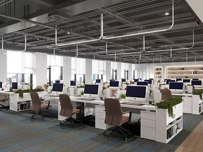 Modern Public Office Space Featuring Open Layout Multiple Desks Computers Ergonomic Chairs and Green Plants 3d model