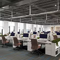 Modern Public Office Space Featuring Open Layout Multiple Desks Computers Ergonomic Chairs and Green Plants 3d model