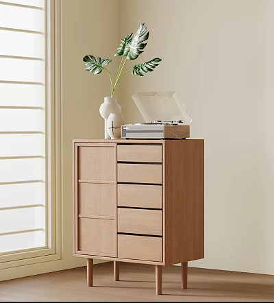 Wooden Entryway Side Cabinet With Drawers Cabinet Doors And Decorative Vase Plant On Top 3d model