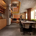 Hot Pot Restaurant Interior With Wooden Decor Dining Tables Chairs And Menu Board