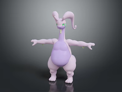 3D Rendered Fictional Creature With Purple White Body Long Ears Green Eyes Outstretched Arms 3d model
