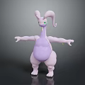 3D Rendered Fictional Creature With Purple White Body Long Ears Green Eyes Outstretched Arms